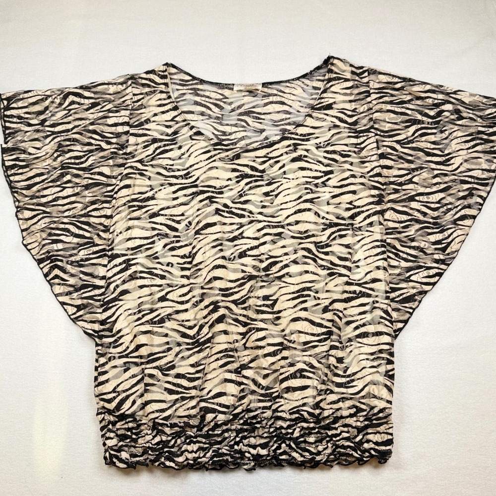 Lavish Plus Zebra Print Lace Flutter Sleeve Smocked Blouse Top Black Cream L